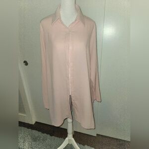 Womens Pink Oversized Long Sleeve Blouse with Collar and 7 Buttons